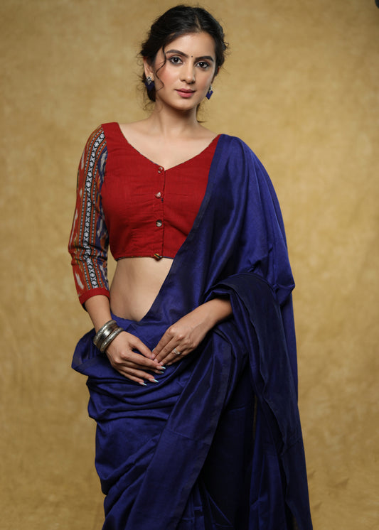 Trendy maroon Cotton blouse with blue Ikat sleeves & buttons