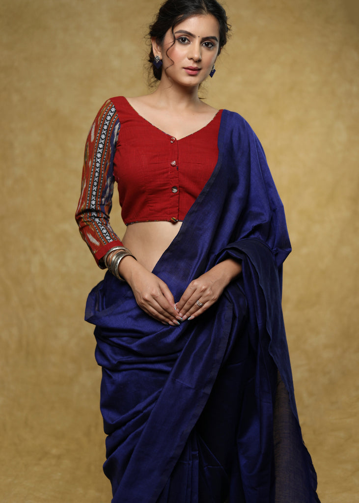 Trendy maroon Cotton blouse with blue Ikat sleeves & buttons