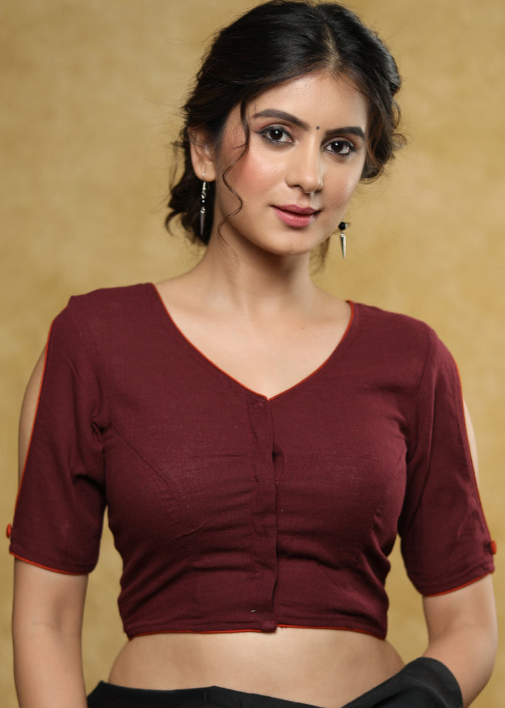 Standout wine coloured Cotton blouse with painted back & Fish eye sleeves