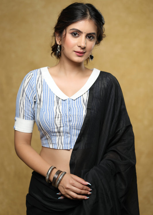 Beautiful blue and white combination ikat blouse with smart collar