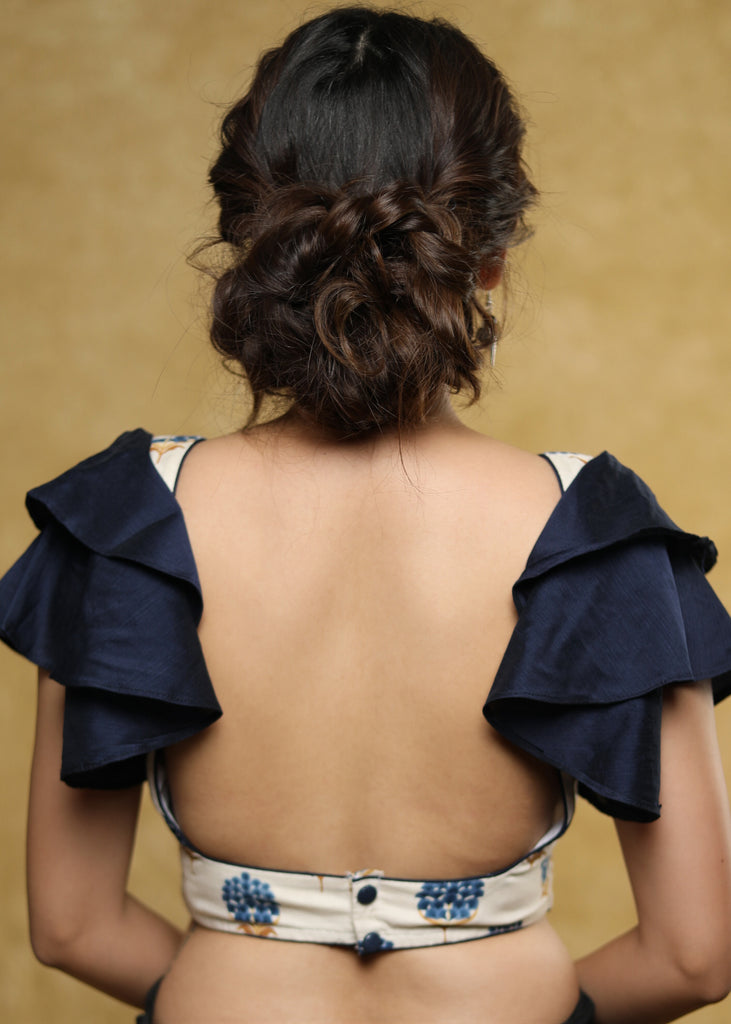 Smart cream & blue cotton blouse with ruffle sleeves