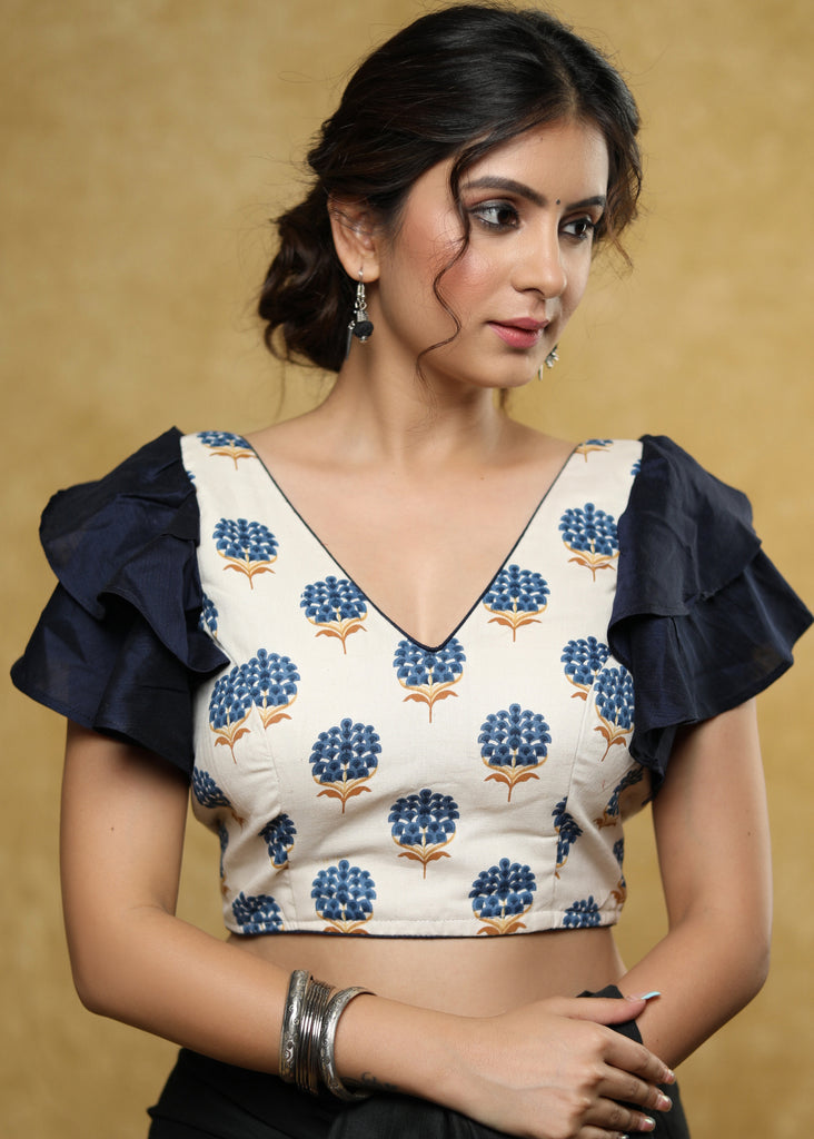 Smart cream & blue cotton blouse with ruffle sleeves