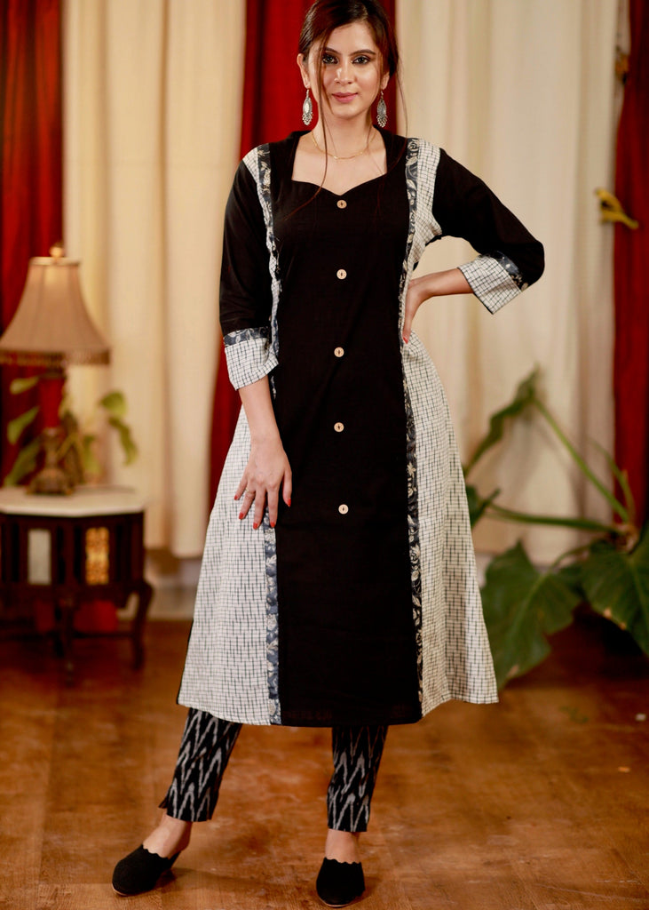 A-Line Cotton Handloom Kurta with Ikat and Ajrakh details
