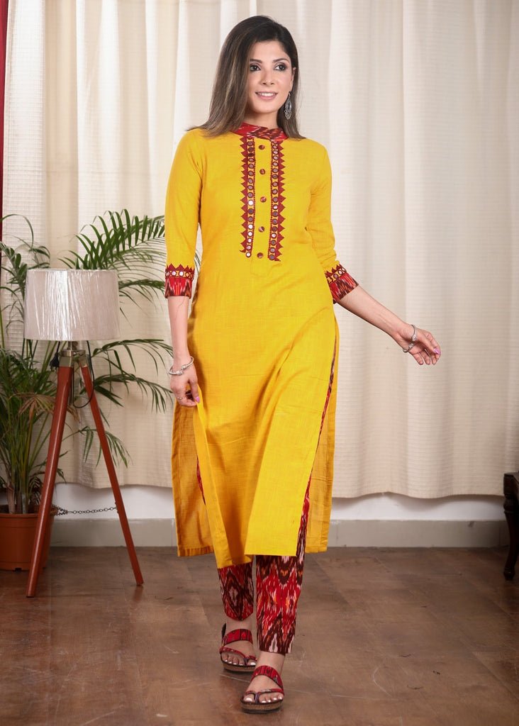 Classy Mustard Cotton Straight Cut Kurta With Beautiful Mirrorwork Embroidery on Placket and Sleeves