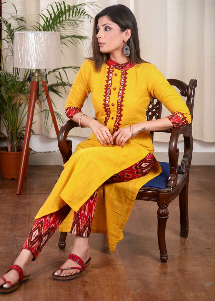 Classy Mustard Cotton Straight Cut Kurta With Beautiful Mirrorwork Embroidery on Placket and Sleeves