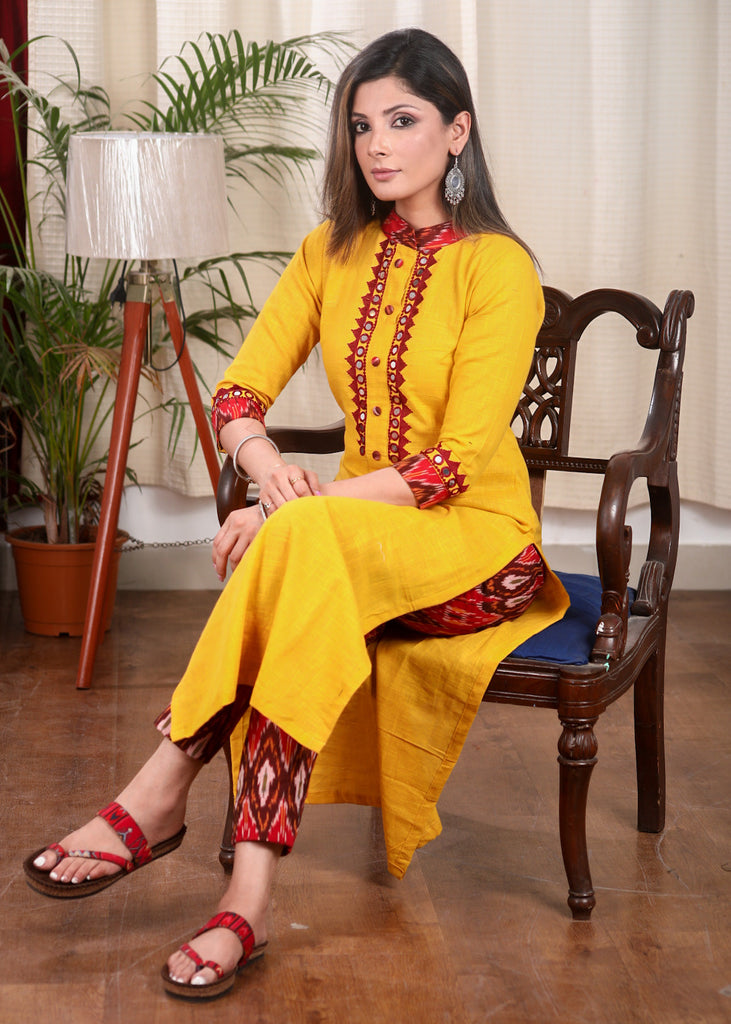 Classy Mustard Cotton Straight Cut Kurta With Beautiful Mirrorwork Embroidery on Placket and Sleeves