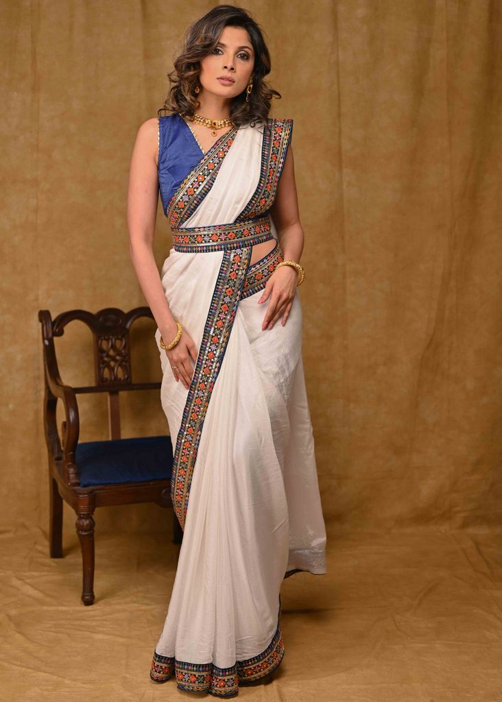 Beautiful White Chinnon Saree with Blue Delicate Border
