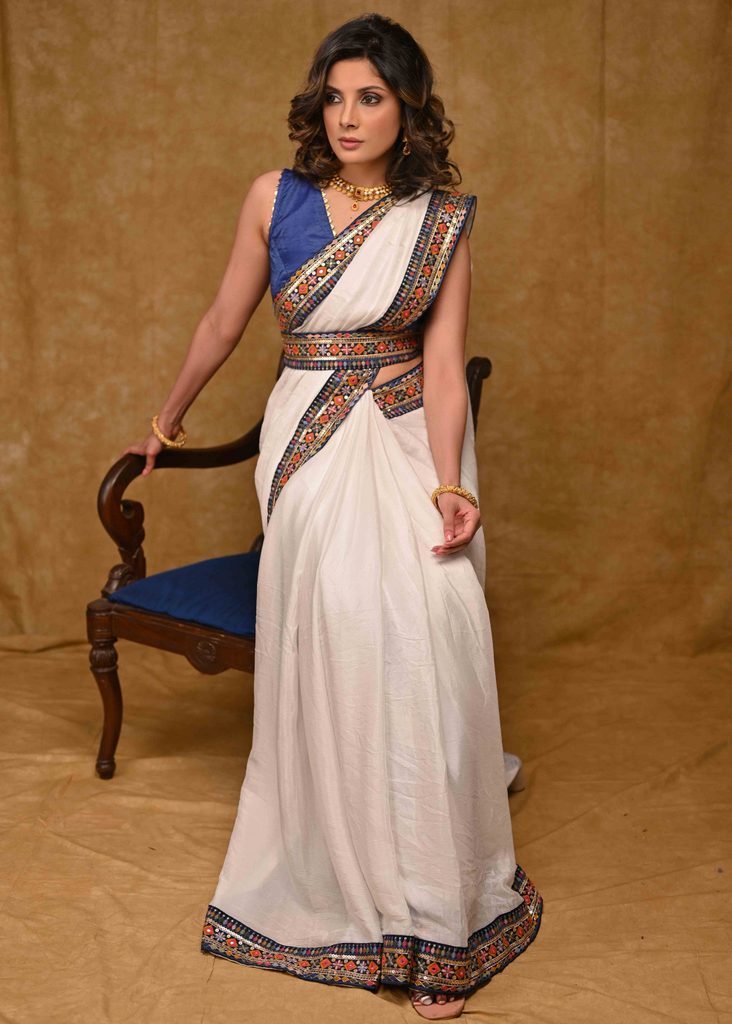 Beautiful White Chinnon Saree with Blue Delicate Border