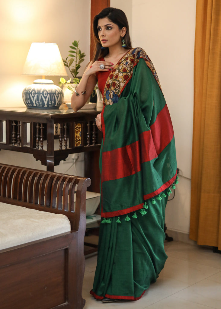 Comfortable Bottle green cotton saree with kalamkari and maroon cotton silk border