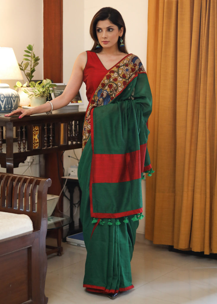 Comfortable Bottle green cotton saree with kalamkari and maroon cotton silk border