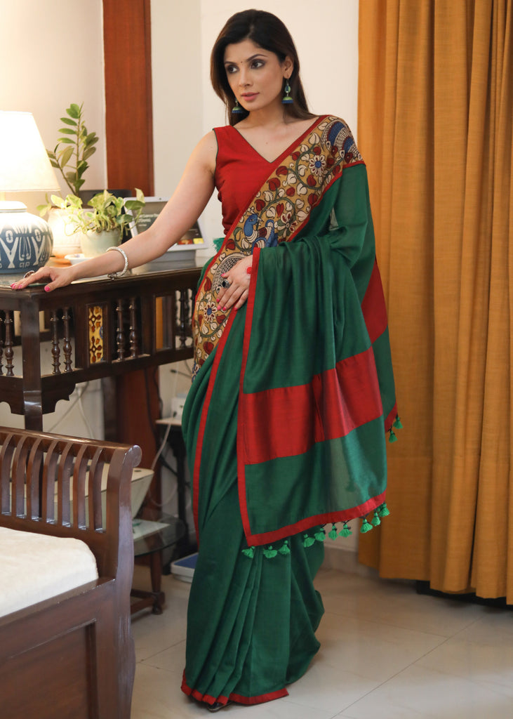 Comfortable Bottle green cotton saree with kalamkari and maroon cotton silk border