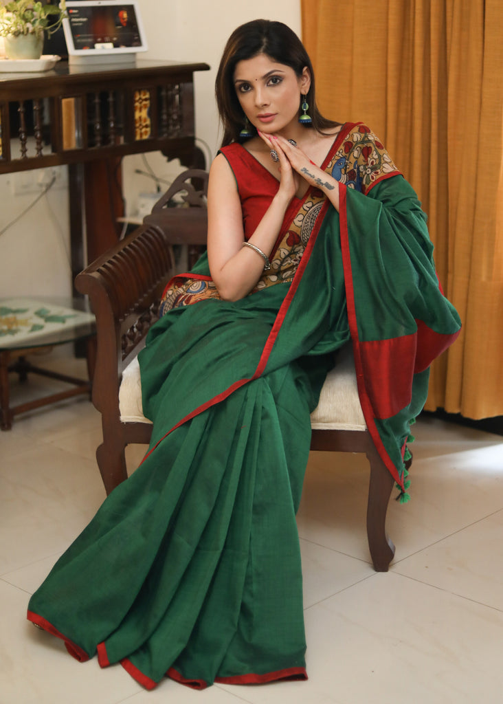 Comfortable Bottle green cotton saree with kalamkari and maroon cotton silk border