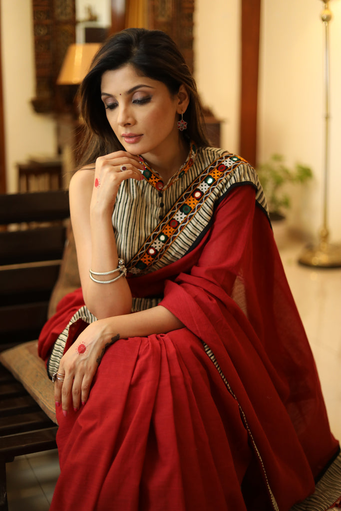 Exclusive maroon Cotton saree with line Ajrakh & mirror work border