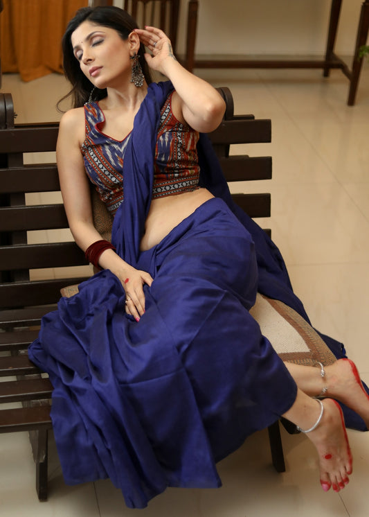 Artisanal plain navy blue Cotton saree with Ikat blouse piece