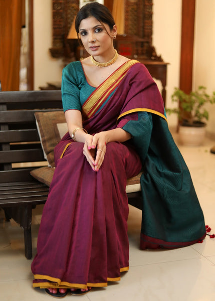 Lustrous imperial purple Cotton saree with green Khun pallu