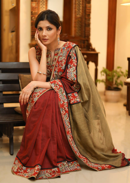 Elegant maroon & cream Cotton saree with Kalamkari border