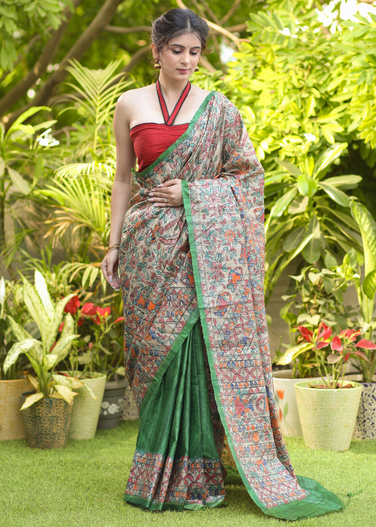 Artisanal Green Pure Ghicha Silk Handpainted Madhubani Saree