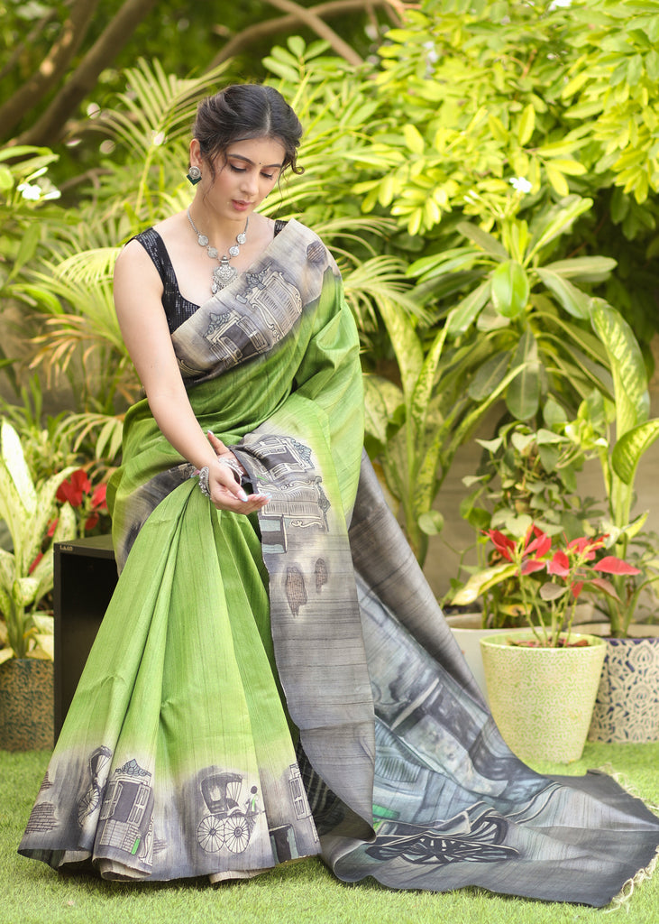 Exquitsite Olive Green Pure tassar silk handpainted Saree reminding us of the quintessential kolkata charm