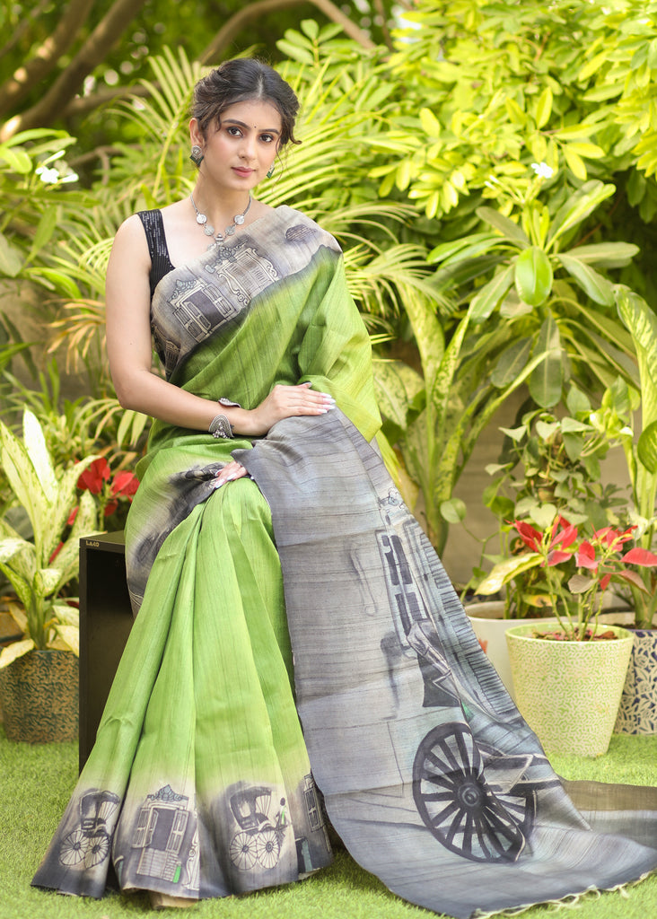 Exquitsite Olive Green Pure tassar silk handpainted Saree reminding us of the quintessential kolkata charm