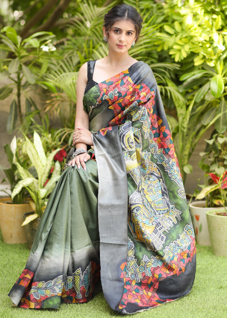 Standout Green Pure Tussar Silk Saree with Abstract Hand Painting