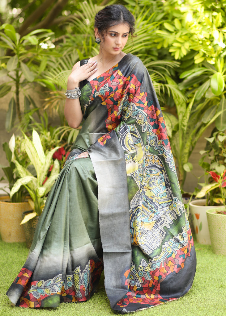 Standout Green Pure Tussar Silk Saree with Abstract Hand Painting