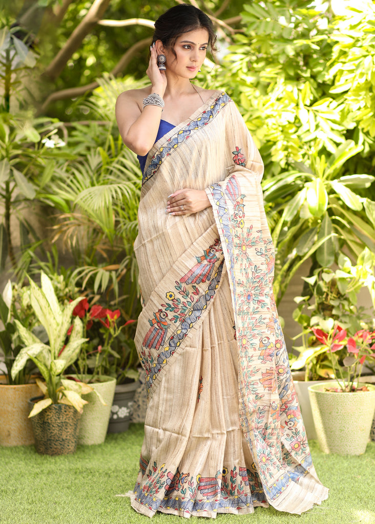 Regal Cream Pure Ghicha Silk Saree with Handpainted Madhubani art