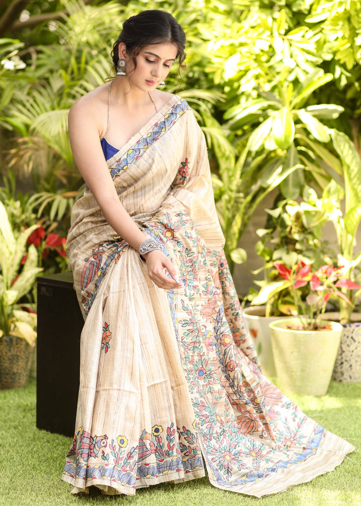 Regal Cream Pure Ghicha Silk Saree with Handpainted Madhubani art