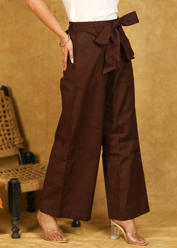 Trendy Cotton Brown Waist Tie Up Pants