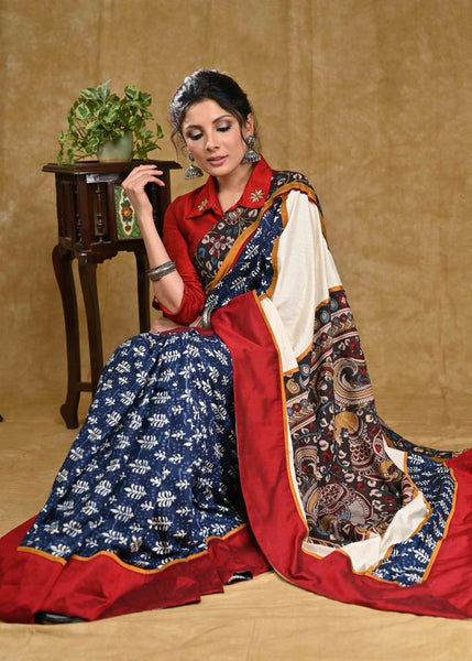 Exclusive block printed Ajrakh & beige handloom cotton combination saree