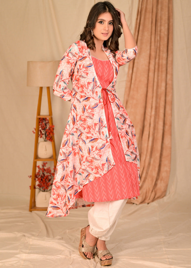 Classy Kantha Cotton Inner with High Low Floral Print Jacket Optional