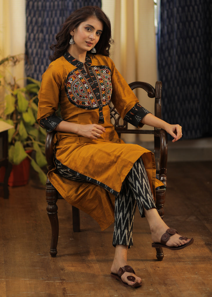 Straight cut Mustard Cotton Silk Kurta with Exclusive Hand made Kutch Mirror work and Ikat