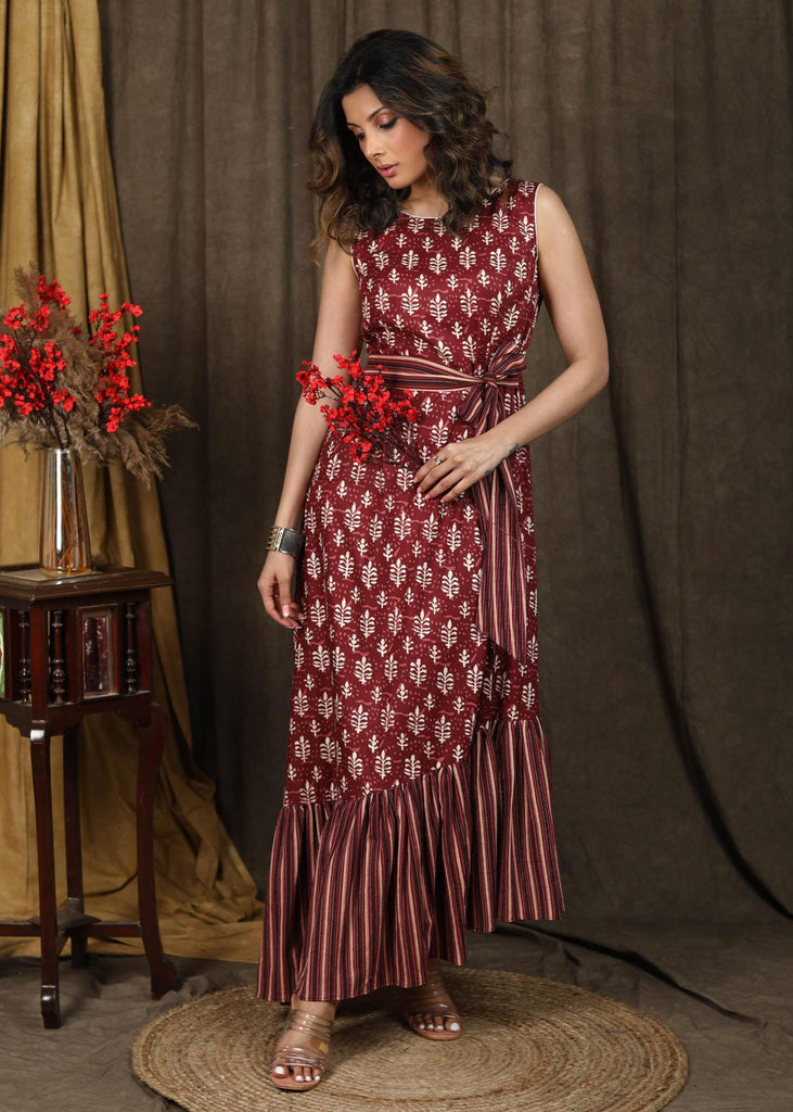 Elegant maroon printed combination dress with kantha border and attached belt