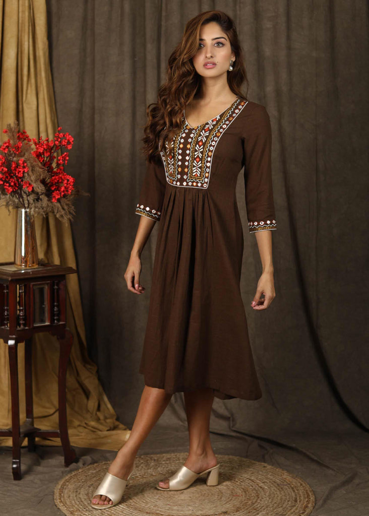 Trendy henna brown A-Line dress with classy mirror embroidery on yoke & sleeves