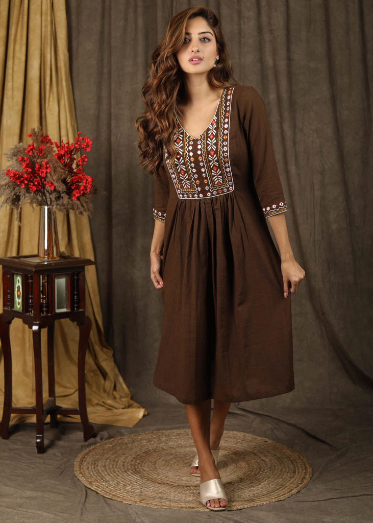 Trendy henna brown A-Line dress with classy mirror embroidery on yoke & sleeves