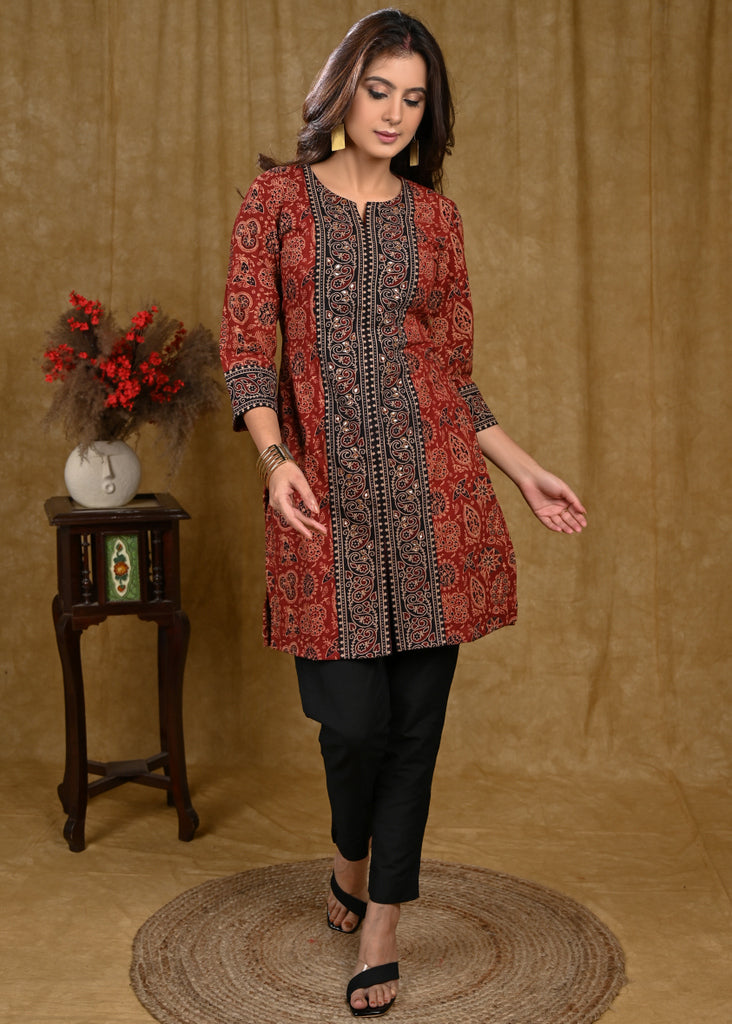 Trendy Cotton Ajrakh Combination Tunic With Stone Work
