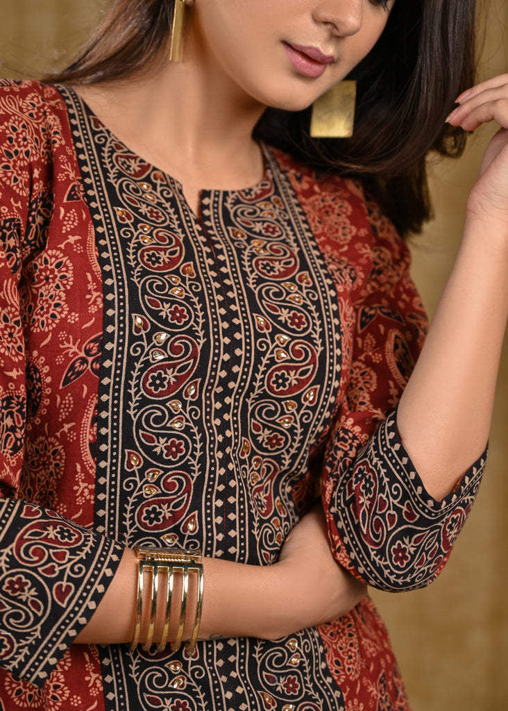 Trendy Cotton Ajrakh Combination Tunic With Stone Work