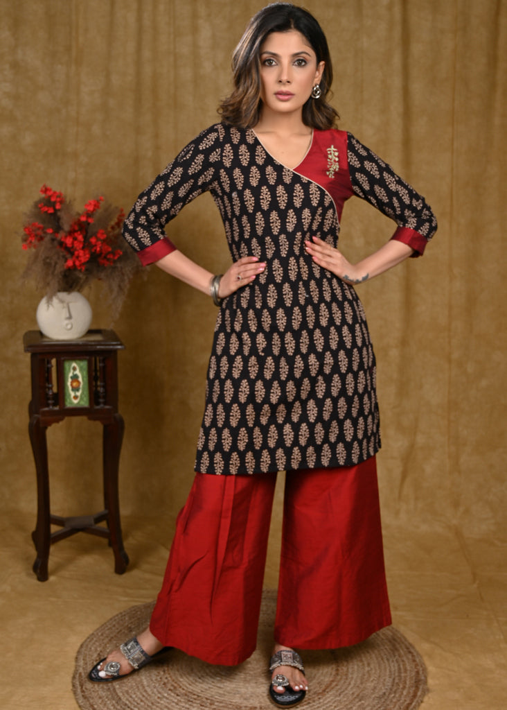 Beautiful Hand Painted Cotton Ajrakh and Cotton Silk Combination Tunic