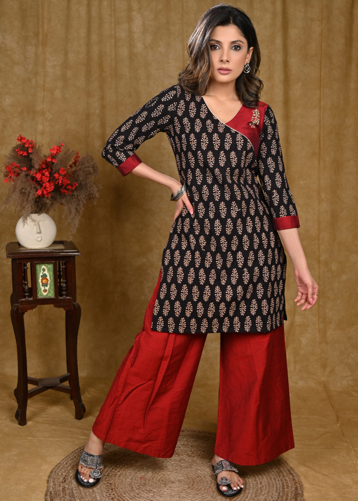 Beautiful Hand Painted Cotton Ajrakh and Cotton Silk Combination Tunic