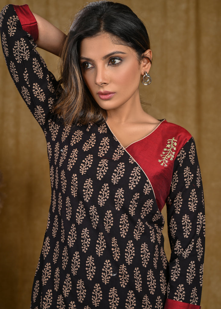 Beautiful Hand Painted Cotton Ajrakh and Cotton Silk Combination Tunic
