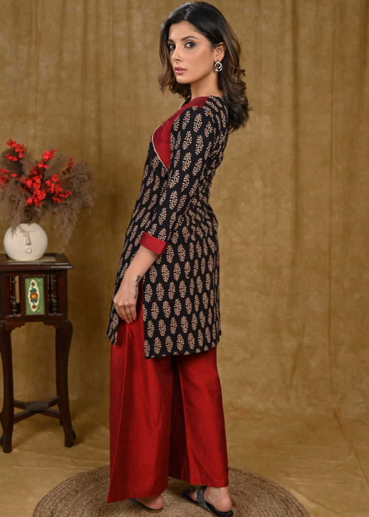 Beautiful Hand Painted Cotton Ajrakh and Cotton Silk Combination Tunic