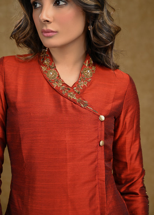 Rust Cotton Silk Top with Delicate Handwork