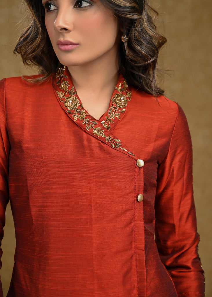 Rust Cotton Silk Top with Delicate Handwork