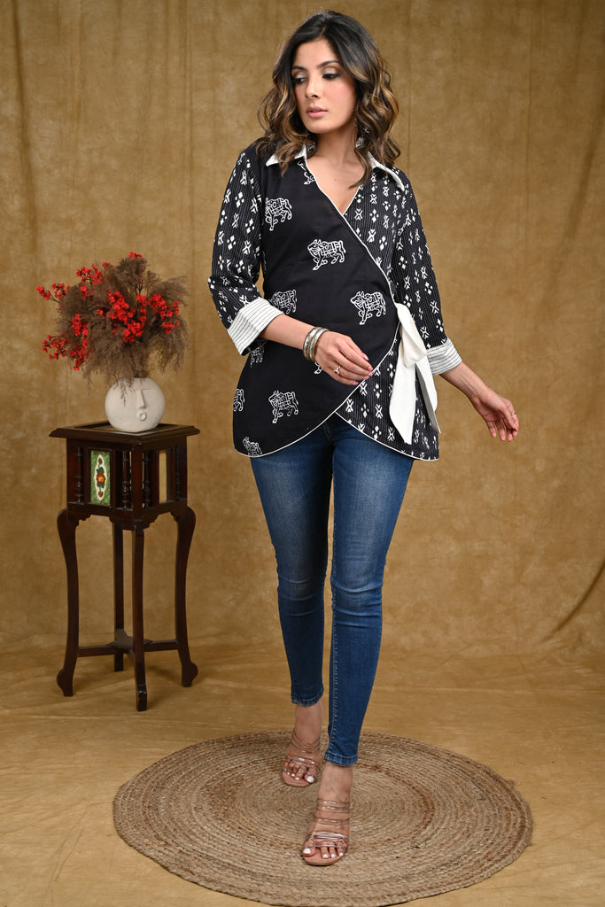 Black Cotton Ajrakh and Kantha Combination Crossover Top