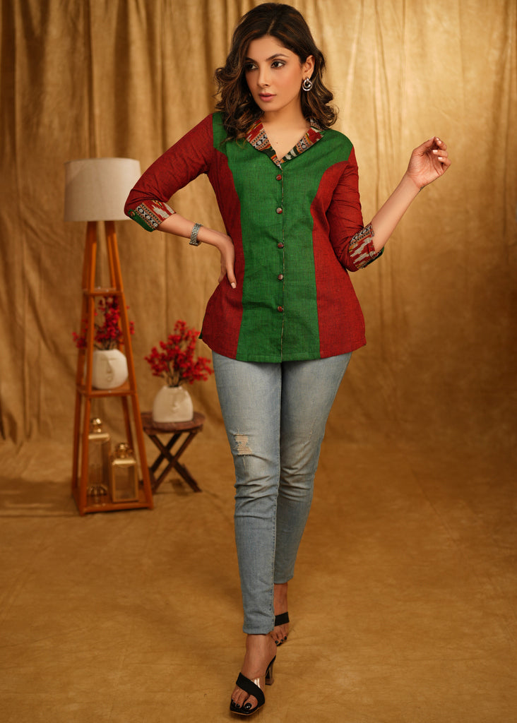 Exclusive Red & Green Cotton Combination Shirt with Ikat Collar and Turn Up Sleeves