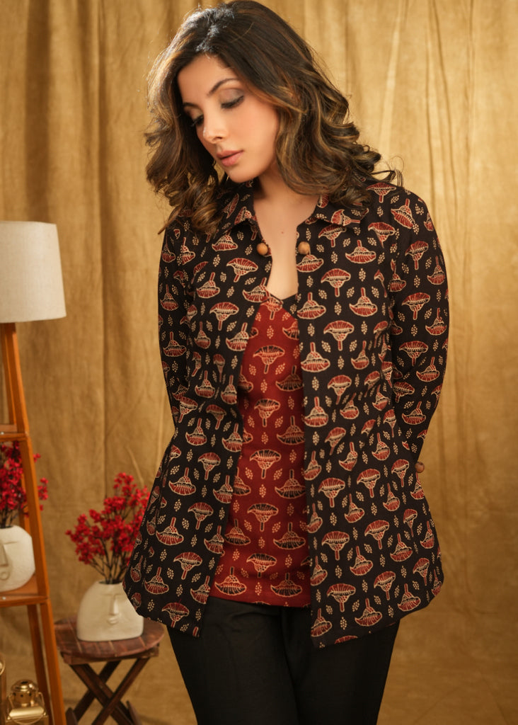 Maroon & Black Combination Ajrakh Top with Black Ajrakh Shrug
