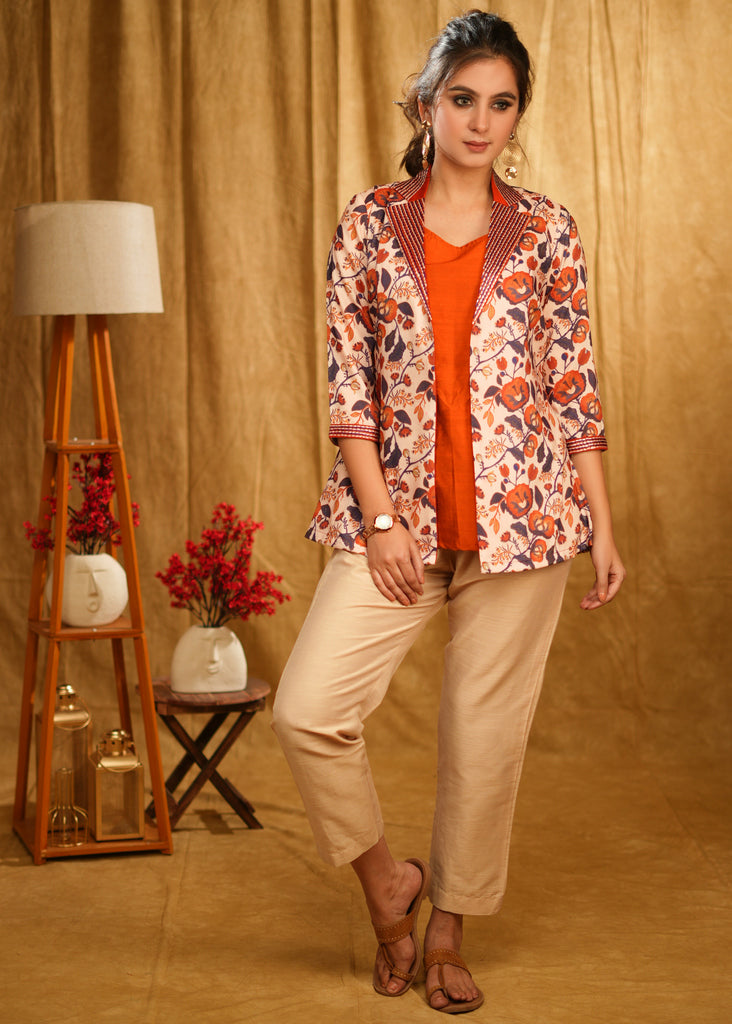 Smart Casual Floral Embroidered Jacket with Rust Cotton Silk Sleeveless Top