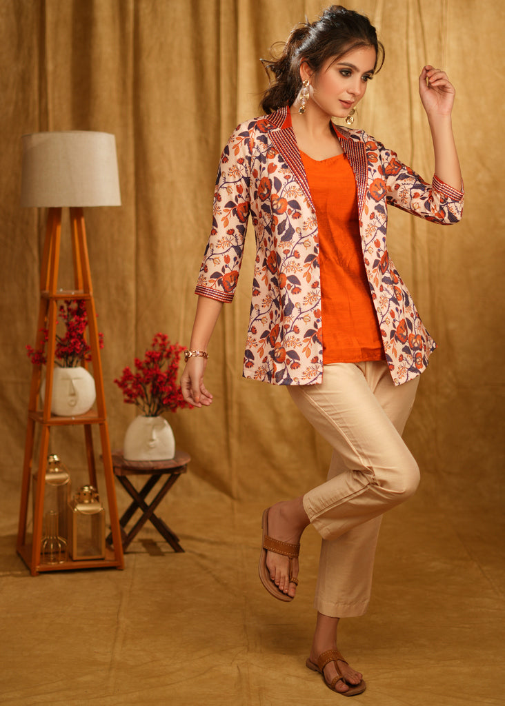 Smart Casual Floral Embroidered Jacket with Rust Cotton Silk Sleeveless Top