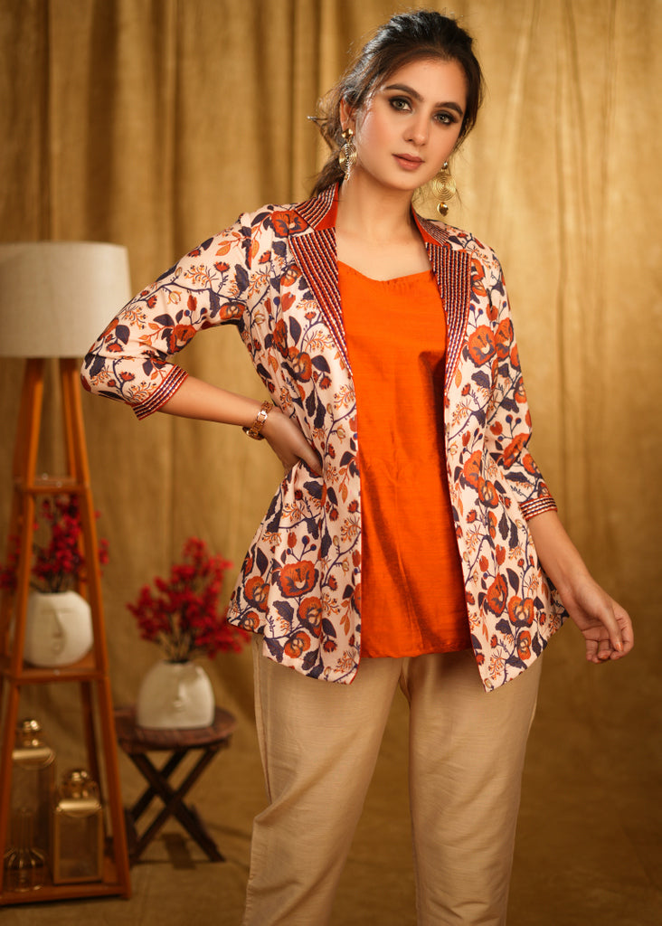 Smart Casual Floral Embroidered Jacket with Rust Cotton Silk Sleeveless Top