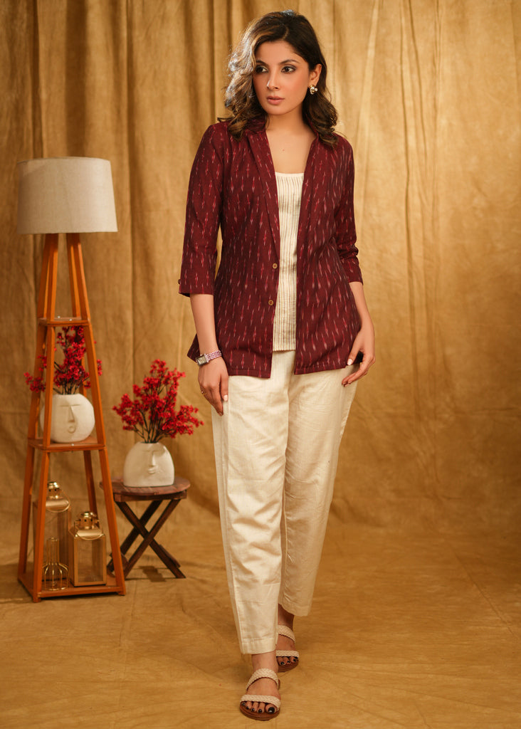 Smart Maroon Ikaat Jacket with Cream Inner