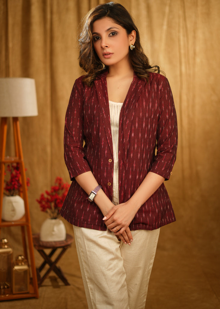 Smart Maroon Ikaat Jacket with Cream Inner